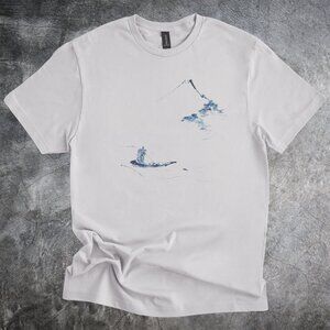 Mountain Lake Brush Art Graphic T Shirt with Peaceful Nature Scene